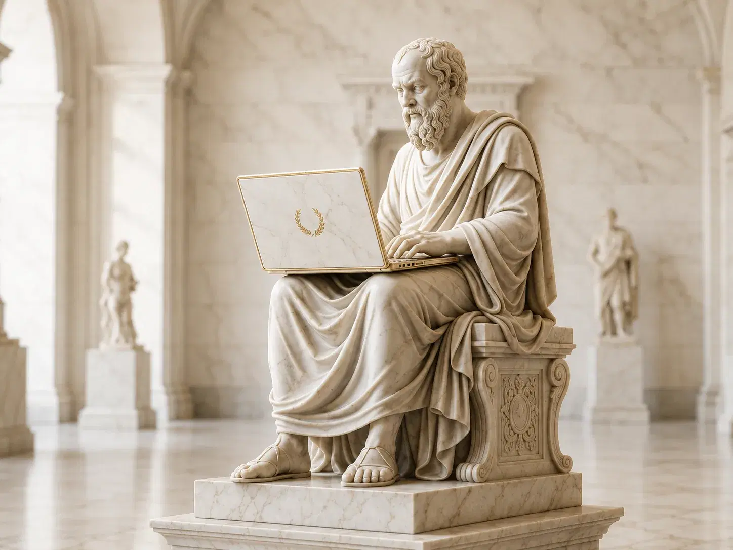 Marble statue of a seated Greek philosopher typing on a marble laptop with a gold laurel wreath on its lid, in a hall of pale marble columns.
